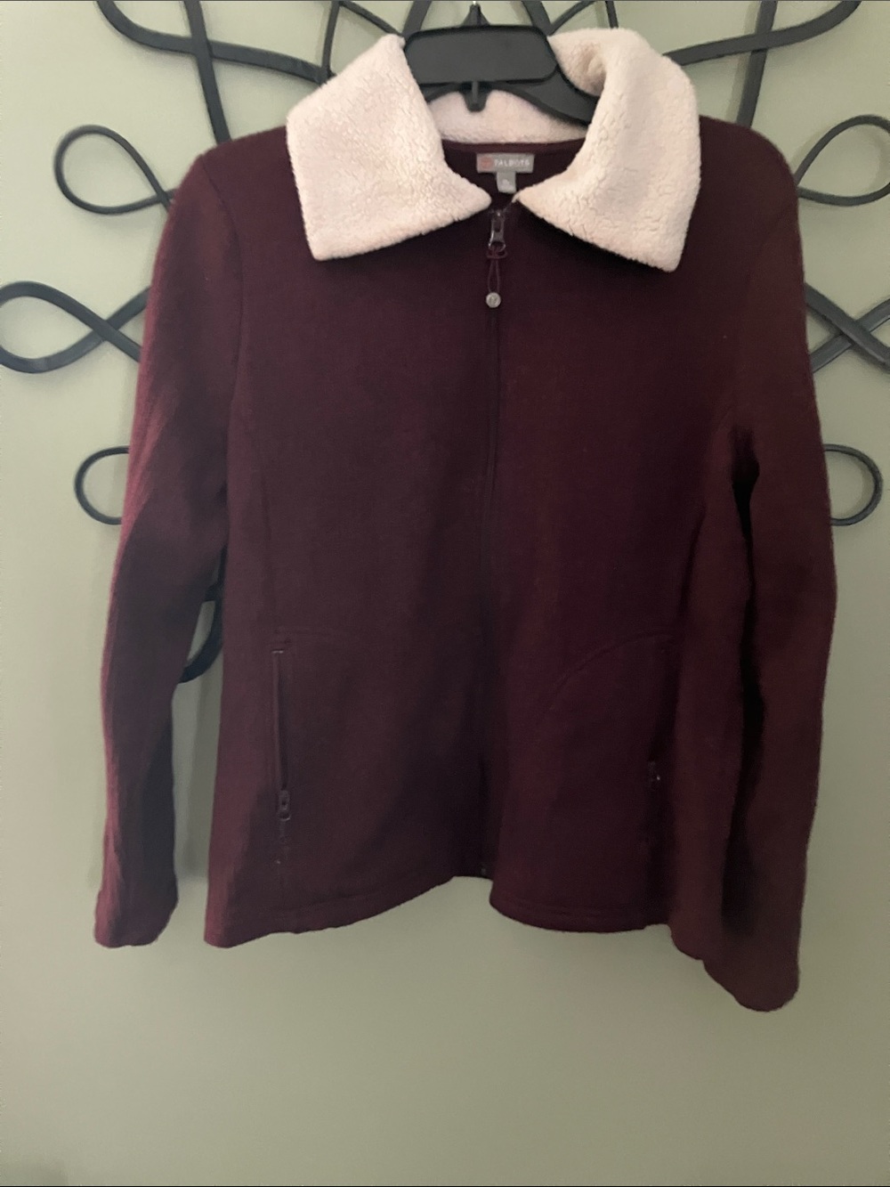Talbots Wine Zip-Up Jacket with Cream Sherpa Collar